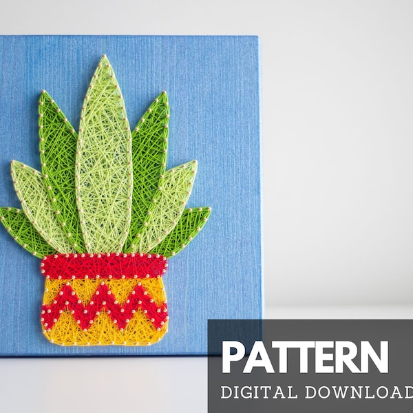 Aloe vera cactus string art pattern with instructions and tips, digital download nail and thread template and tutorial for kids adults