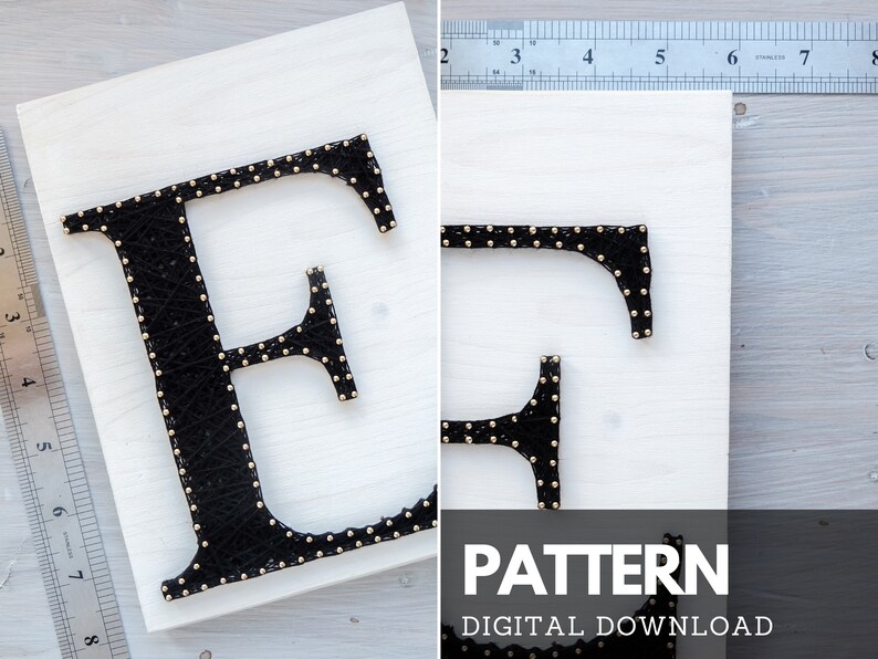 May include: A black string art design of the letter "E" on a white wooden board. The string is wrapped around gold-colored nails. The image includes the text "PATTERN DIGITAL DOWNLOAD".