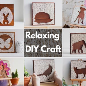 Stress relief craft kit for adults featuring modern string art wall decor designs including rabbit, hedgehog, butterfly, elephant, bird, cat, and floral silhouettes on wooden base.