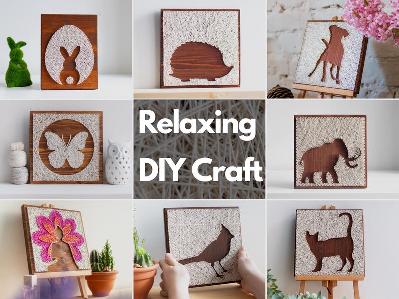 Stress relief craft kit for adults featuring modern string art wall decor designs including rabbit, hedgehog, butterfly, elephant, bird, cat, and floral silhouettes on wooden base.