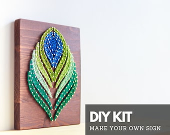 Peacock bird feather string art DIY kit for kids and adults - DIY wood sign craft kit with peacock feather design for beginners