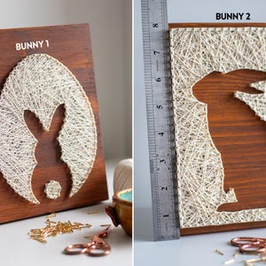 Stress relief craft kit for adults with bunny string art design, 8x8 inch stained wood base, beginner friendly DIY hobby project.