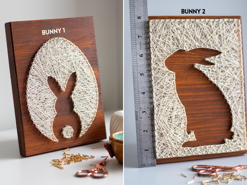 Stress relief craft kit for adults with bunny string art design, 8x8 inch stained wood base, beginner friendly DIY hobby project.