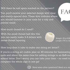May include: FAQ about string art, including how long it takes to make a letter, how much thread is needed, and how to use the nail spots on the pattern. A ball of white string is shown with the weight and length listed.