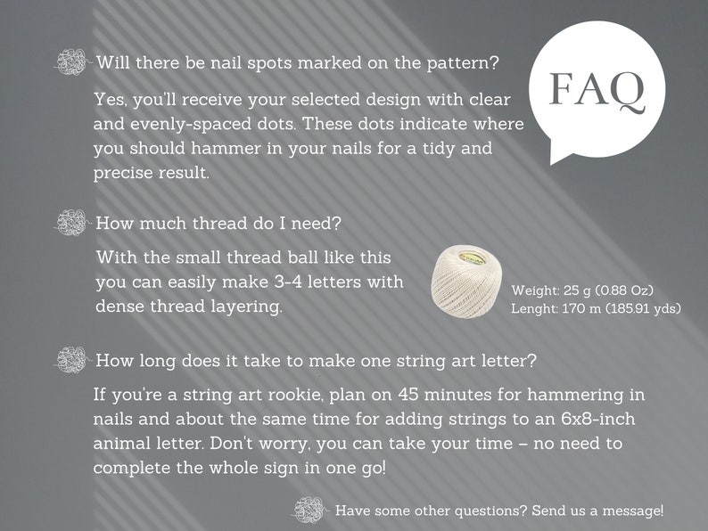 May include: FAQ about string art, including how long it takes to make a letter, how much thread is needed, and how to use the nail spots on the pattern. A ball of white string is shown with the weight and length listed.