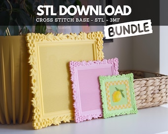 Cross Stitch Frame STL Bundle: Floral Square Stitchable Embroidery Blank, 3 Sizes, 3D Print File