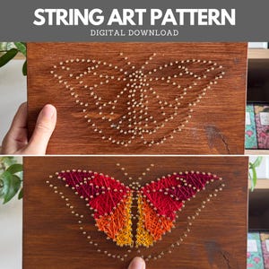 Step-by-step progress of butterfly string art – top image shows nails placed using printable pattern, bottom shows partially completed thread design