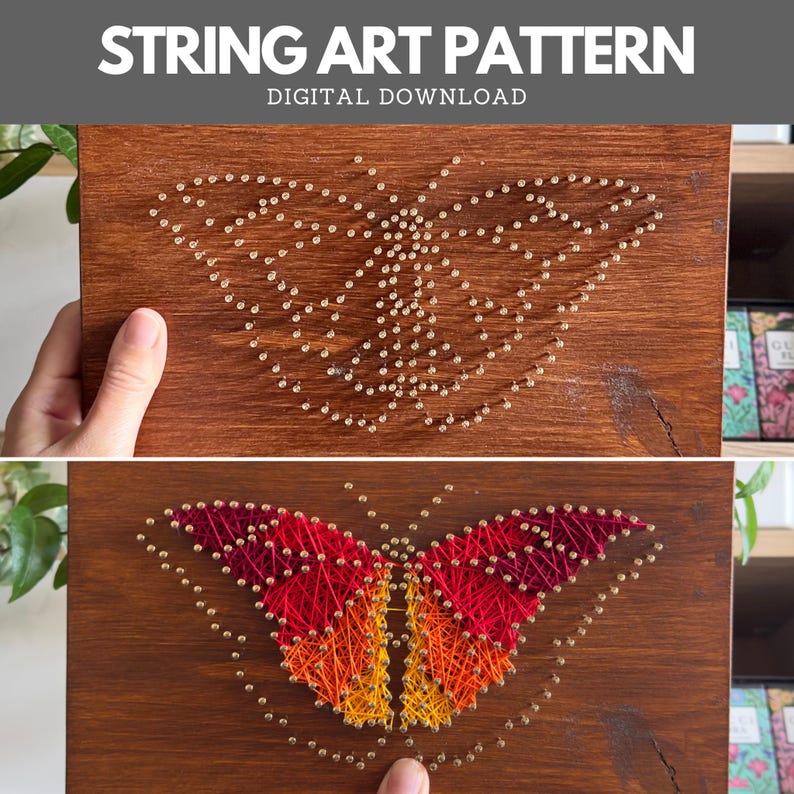 Step-by-step progress of butterfly string art – top image shows nails placed using printable pattern, bottom shows partially completed thread design