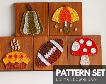 Pumpkin, Umbrella, Mushroom, Pie and Ball string art pattern printable - set of 5 templates with instructions for kids and adults