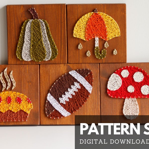 Pumpkin, Umbrella, Mushroom, Pie and Ball string art pattern printable - set of 5 templates with instructions for kids and adults