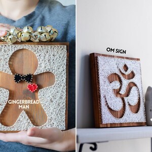 Stress relief craft kit for adults featuring gingerbread man and Om symbol string art designs on stained wood base, relaxing DIY wall decor.