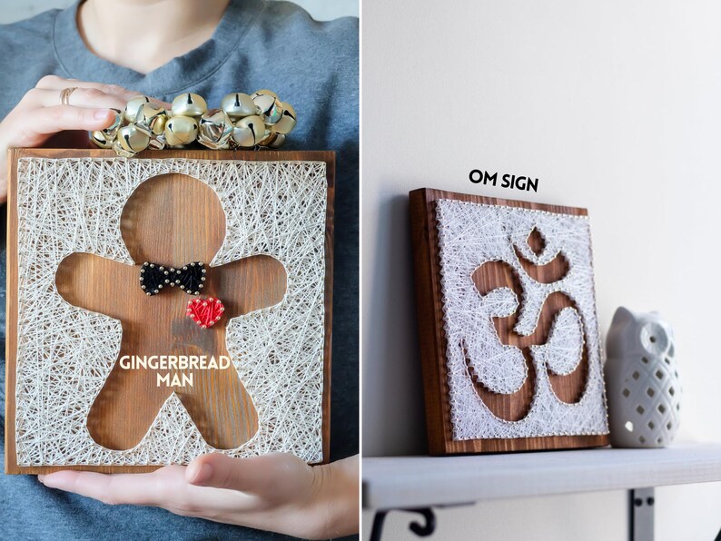Stress relief craft kit for adults featuring gingerbread man and Om symbol string art designs on stained wood base, relaxing DIY wall decor.