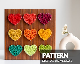 Rainbow heart string art pattern and instructions, thread art template digital download