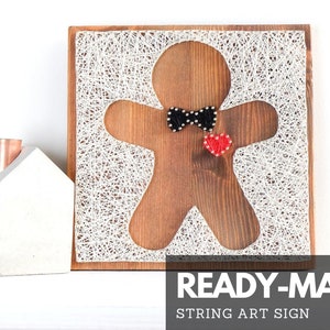 Gingerbread man string art wall decor, bow tie and red heart cookie man the perfect Holiday gift or home decor