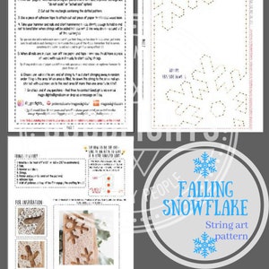 May include: A printable string art pattern for a snowflake. The pattern includes instructions for creating the snowflake using nails and string.