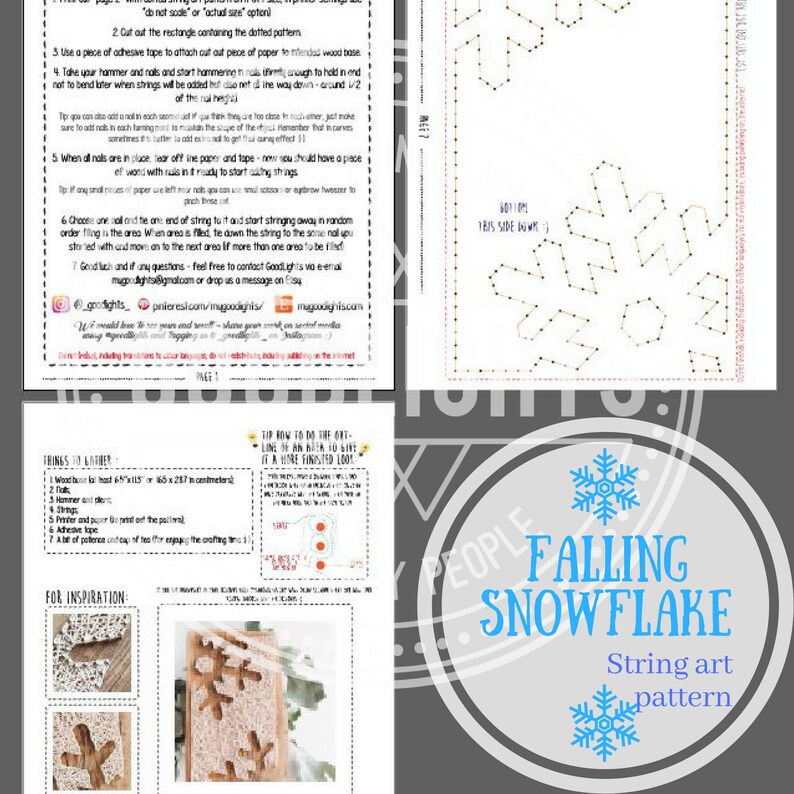 May include: A printable string art pattern for a snowflake. The pattern includes instructions for creating the snowflake using nails and string.