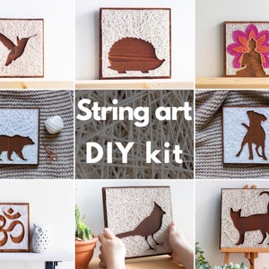 May include: A collage of nine images showcasing string art DIY kits. The images feature various designs, including a hummingbird, a hedgehog, a meditating Buddha, a bear, a dog, an Om symbol, a cardinal, and a cat. The kits are made with wood and white string.