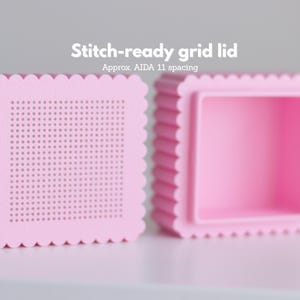3D printed pink cross stitch box STL file — blank perforated lid with AIDA 11 spacing grid and open box body, ready to stitch
