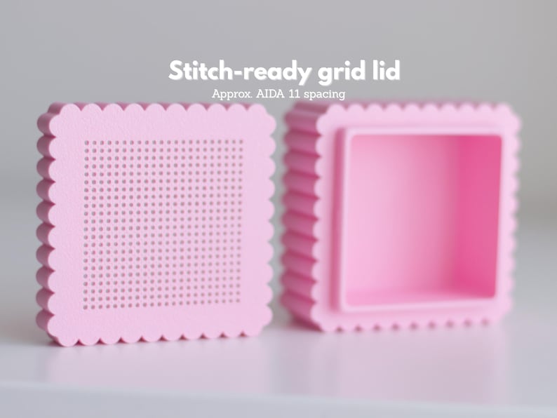 3D printed pink cross stitch box STL file — blank perforated lid with AIDA 11 spacing grid and open box body, ready to stitch