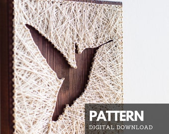 Hummingbird DIY string art pattern with instructions, simple string art template for beginners, instructions and tips, how-to string art