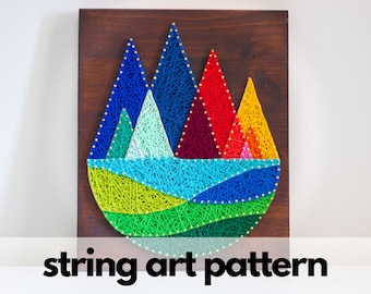 Colorful mountains string art pattern printable - Geometric Mountains DIY string art template, template for DIY string art projects