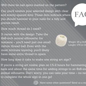May include: FAQ about string art, including how much thread is needed and how long it takes to make a string art sign. A ball of white string is shown with the weight and length listed.