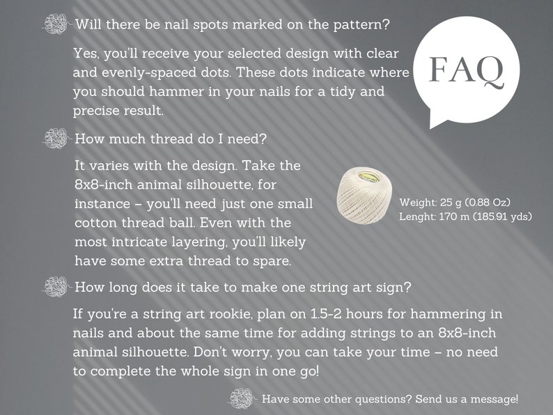 May include: FAQ about string art, including how much thread is needed and how long it takes to make a string art sign. A ball of white string is shown with the weight and length listed.