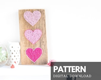 Heart string art printable pattern - 3 hearts DIY string art nail template with instructions for beginners