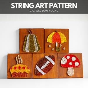 Sjablonen string art patroon - herfst string art - pompoen, taart, paddestoel, paraplu, voetbal