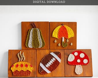 String Art Pattern Set - Fall String Art - Pumpkin, Pie, Mushroom, Umbrella, Football Templates