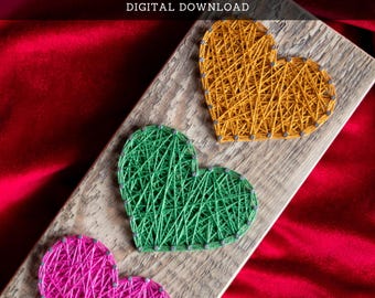 String Art Pattern - 3 Hearts Vertical Template