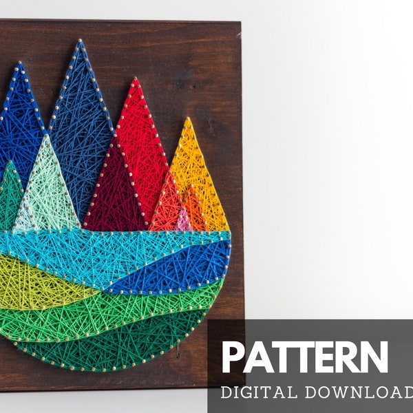 Colorful mountains string art pattern printable - Geometric Mountains DIY string art template, template for DIY string art projects