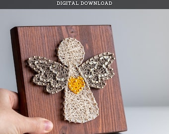 May include: A wooden string art piece featuring an angel design. The angel is crafted with light-colored string and has a yellow heart. The wooden base is stained a dark brown color. The text "STRING ART PATTERN DIGITAL DOWNLOAD" is at the top.