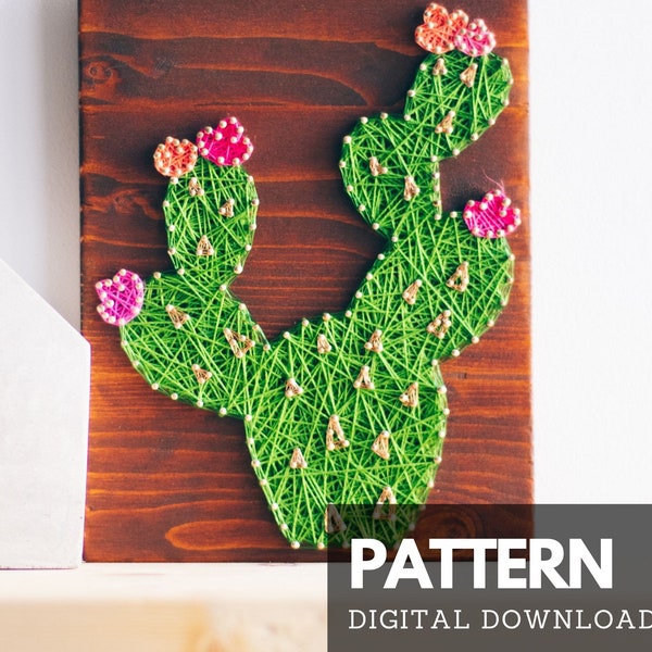 Cactus plant string art pattern with instructions and tips, digital download nail and thread template and tutorial for kids adults