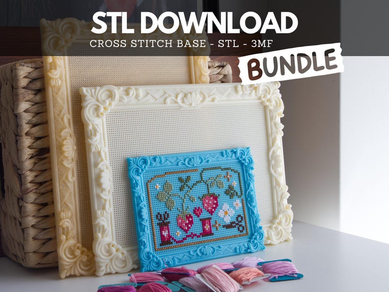 May include: A digital file bundle for 3D printing featuring three rectangular cross stitch bases with ornate frames. Two frames are cream-colored, and one smaller frame is bright blue, containing a stitched strawberry and sewing motif.