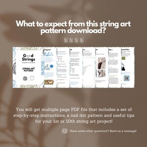 K&ouml;nnte beinhalten: Ein mehrseitiger PDF-String-Art-Muster-Download. Das Cover zeigt "Good Strings" und "String Art Pattern". Das Muster enth&auml;lt Schritt-f&uuml;r-Schritt-Anleitungen, Nagelpunktmuster und n&uuml;tzliche Tipps. Der Hintergrund ist warmbraun.