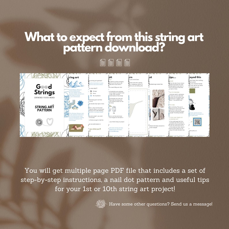 K&ouml;nnte beinhalten: Ein mehrseitiger PDF-String-Art-Muster-Download. Das Cover zeigt "Good Strings" und "String Art Pattern". Das Muster enth&auml;lt Schritt-f&uuml;r-Schritt-Anleitungen, Nagelpunktmuster und n&uuml;tzliche Tipps. Der Hintergrund ist warmbraun.