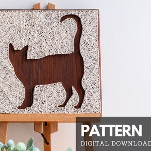 Cat silhouette string art pattern printable, nail template for string sign with step by step instructions, string art for beginners