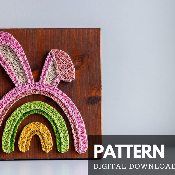 Easter Rainbow String art pattern printable - rainbow with bunny rabbit ears DIY string art nail template with instructions, tips and tricks