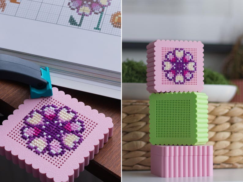 3D printed pink cross stitch keepsake box closed and open — purple flower embroidery on perforated lid with jewellery inside