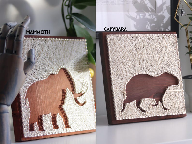 Stress relief string art craft kit for adults featuring mammoth and capybara designs on stained wood base, relaxing DIY wall decor project.