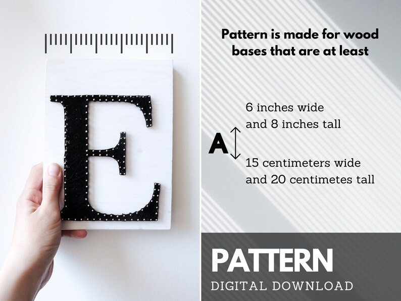 May include: A digital download pattern for a wooden letter E, made with nails. The pattern is for bases at least 6 inches wide and 8 inches tall, or 15 centimeters wide and 20 centimeters tall.