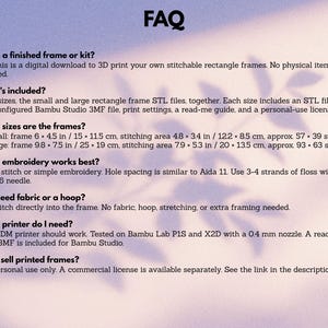 May include: A digital FAQ document for 3D printable stitchable rectangle frames. The text details that this is a digital download for small and large frames, including STL files, Bambu Studio 3MF files, print settings, and a personal-use license.