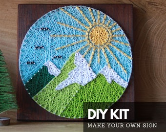 Mountains string art DIY kit for adults and kids with mountains and sun design step-by-step DIY gift for adventure loving crafters