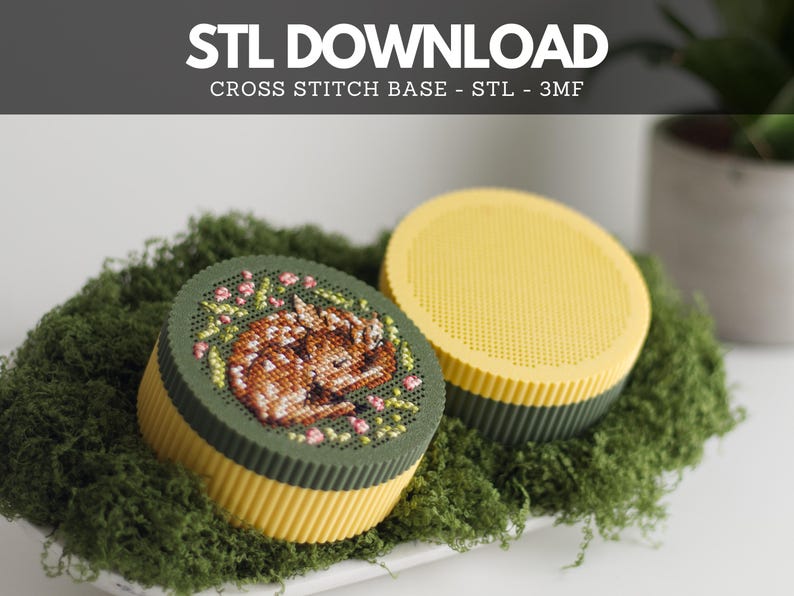 Round cross stitch box STL file digital download — 3D printable stitchable keepsake box with perforated lid, shown in yellow and green with sleeping fawn cross stitch design