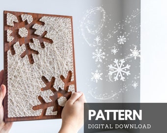 Snowflake silhouette string art pattern with instructions