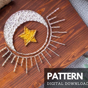 Sun, moon, star string art pattern with instructions, tutorial, Simple DIY wall sign, instant download string art pattern for beginners