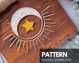 Sun, moon, star string art pattern with instructions, tutorial, Simple DIY wall sign, instant download string art pattern for beginners