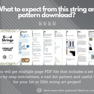 May include: A multi-page PDF download for string art projects. The cover features a colorful illustration of a string art pattern with the text "Good Strings Unwind Your Mind" and "String Art Pattern".