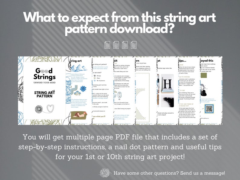 May include: A multi-page PDF download for string art projects. The cover features a colorful illustration of a string art pattern with the text "Good Strings Unwind Your Mind" and "String Art Pattern".